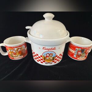 Campbells Soup Kids Crock Tureen Lid/Ladle & 2 cups 2000 Houston Harvest Checker